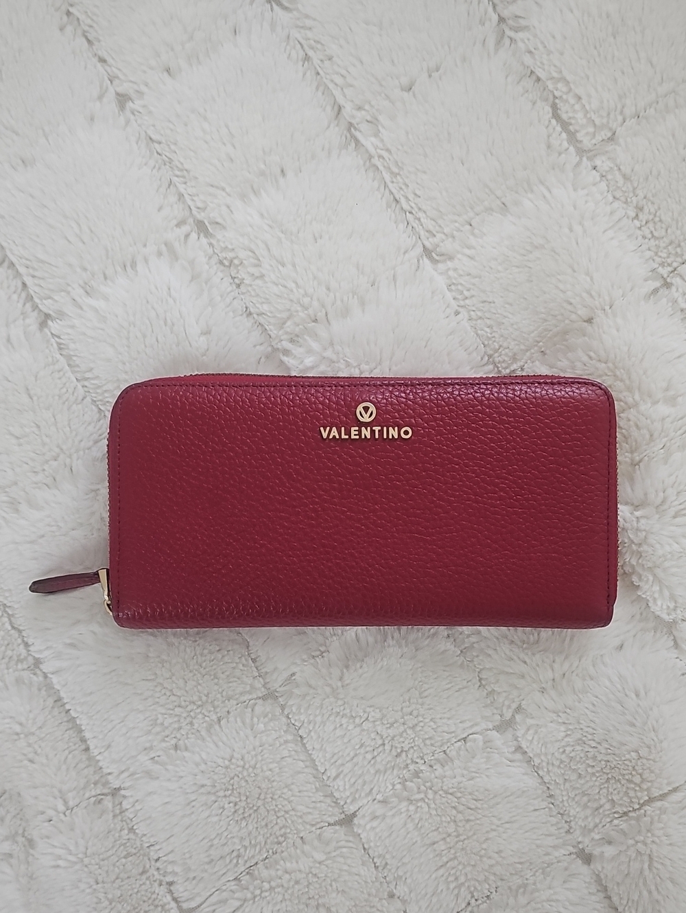 Valentino Burgundy Zip-Around Pebbled Leather Wallet with Gold Logo